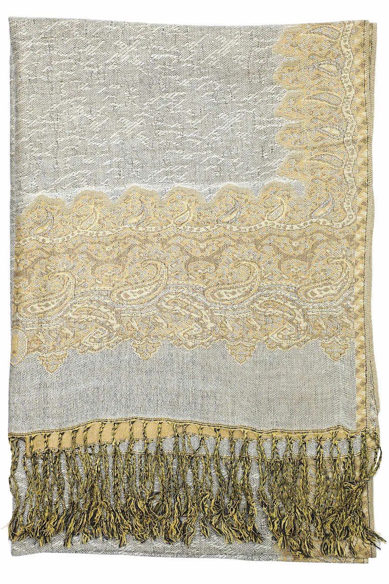 Achillea Grey Gold Border Pashmina Shawl Wrap Scarf