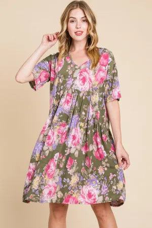 BOMBOM Flower Print V-Neck Ruched Dress