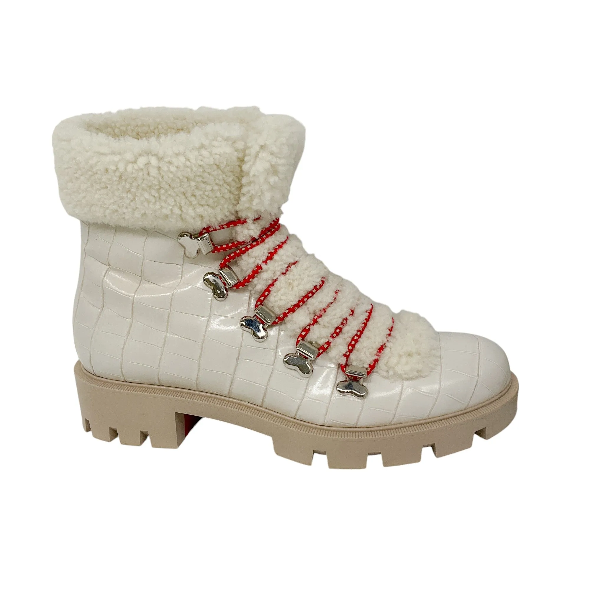 Christian Louboutin Ivory Edelvizir Flat Alligator Embossed Calfskin and Shearling Boots