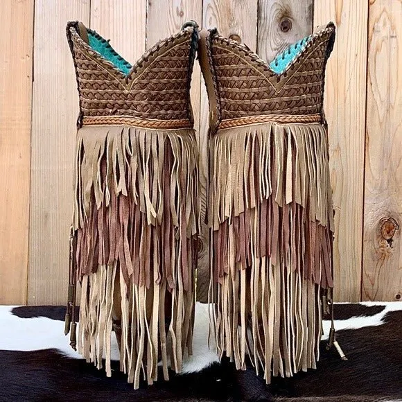 CORRAL Fringe Feather Studded Tall Brown Tan Cowgirl Cowboy Western Boots