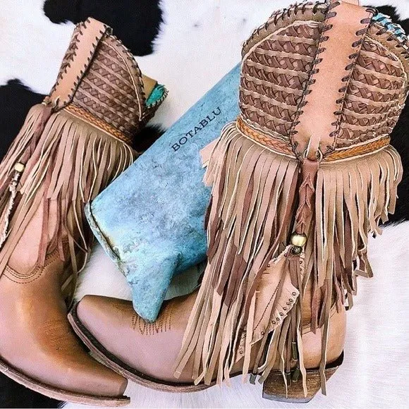 CORRAL Fringe Feather Studded Tall Brown Tan Cowgirl Cowboy Western Boots