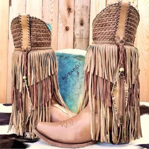 CORRAL Fringe Feather Studded Tall Brown Tan Cowgirl Cowboy Western Boots