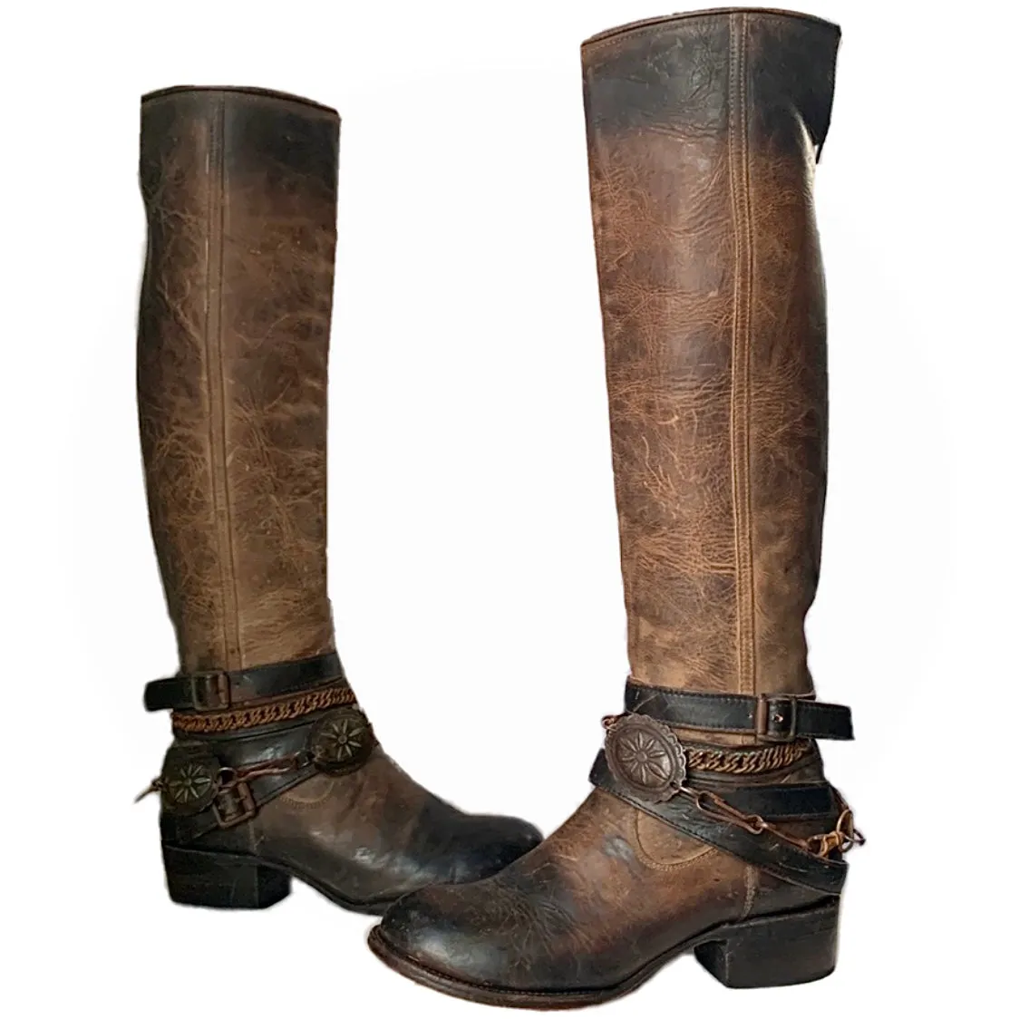 FREEBIRD BY STEVEN Aspen Chain Brown Leather Tall Knee High Zippered Cowgirl Western Boots