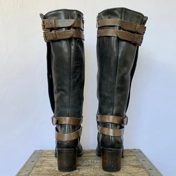 FREEBIRD BY STEVEN Clive Black Brown Strappy Buckle Tall Knee High Boho Boots