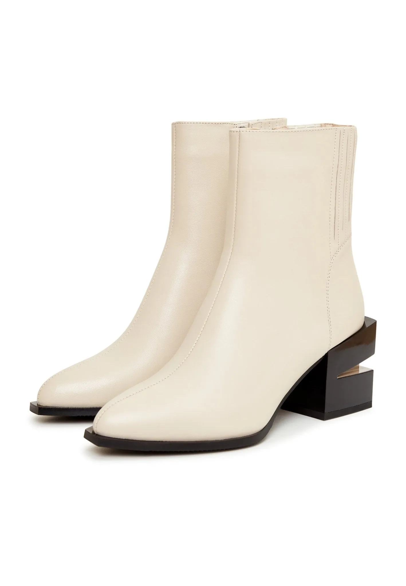 Leather Block Heel Ankle Boots - Beige