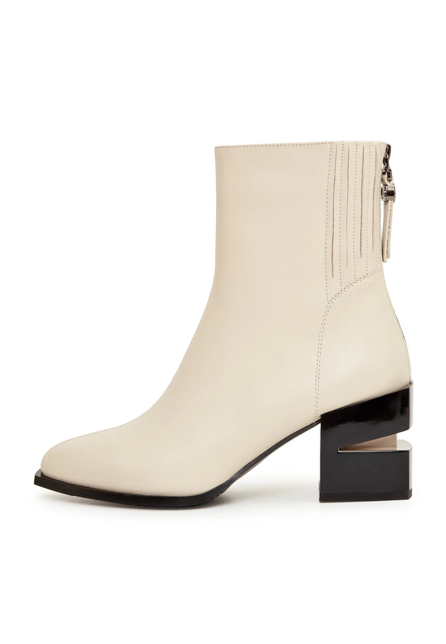 Leather Block Heel Ankle Boots - Beige