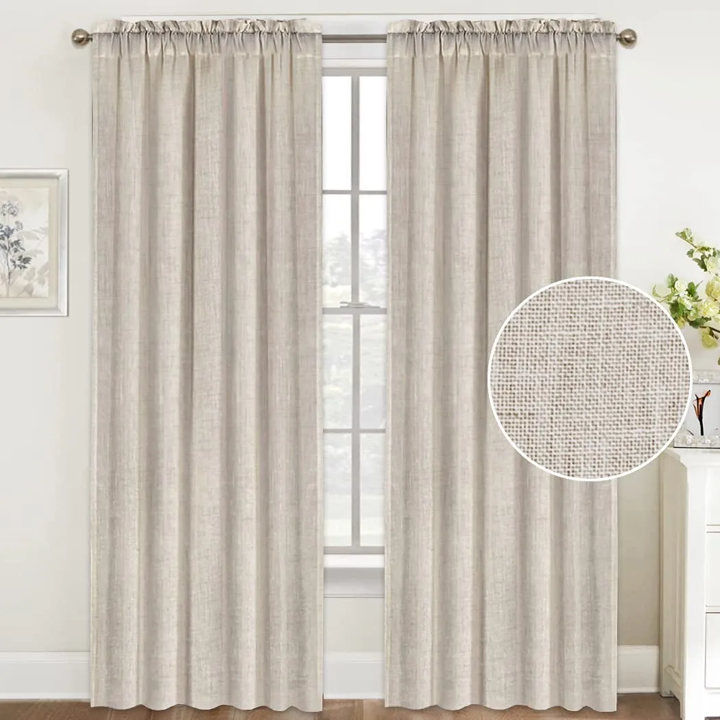 Natural Linen Curtains 108 Inches Extra Long Rod Pocket Semi Sheer Curtain Drapes Elegant Casual Linen Textured Window Draperies, Light Filtering Privacy Added Home Fashion 2 Panels, White