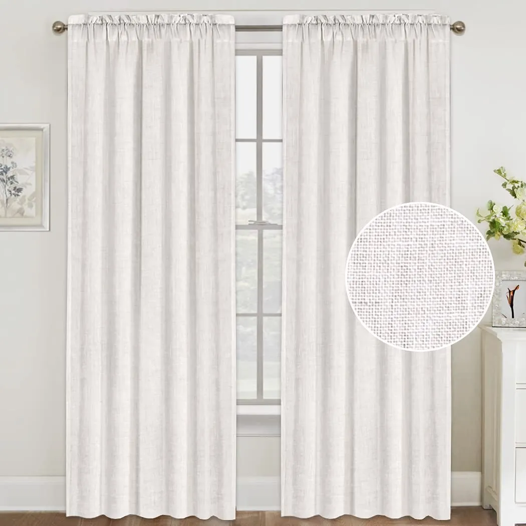 Natural Linen Curtains 108 Inches Extra Long Rod Pocket Semi Sheer Curtain Drapes Elegant Casual Linen Textured Window Draperies, Light Filtering Privacy Added Home Fashion 2 Panels, White