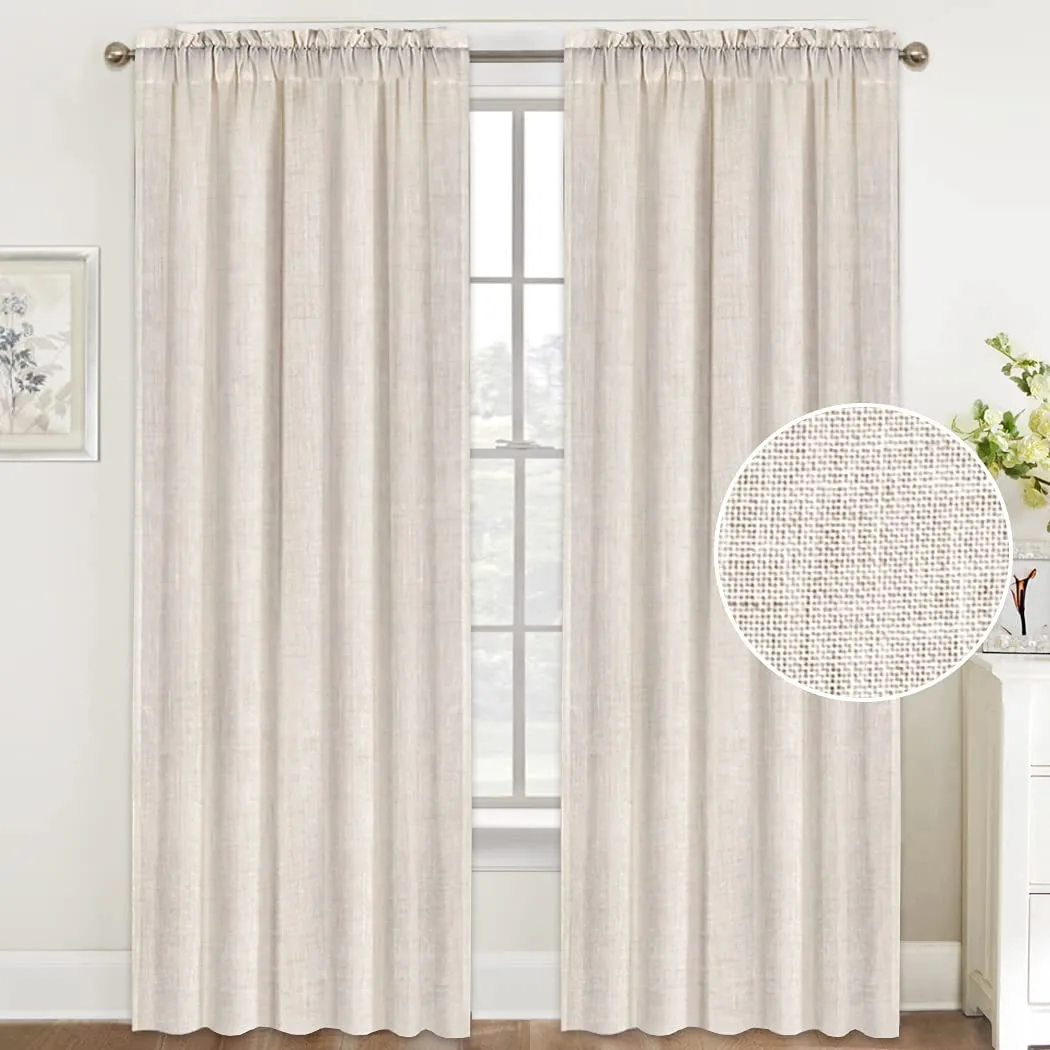 Natural Linen Curtains 108 Inches Extra Long Rod Pocket Semi Sheer Curtain Drapes Elegant Casual Linen Textured Window Draperies, Light Filtering Privacy Added Home Fashion 2 Panels, White