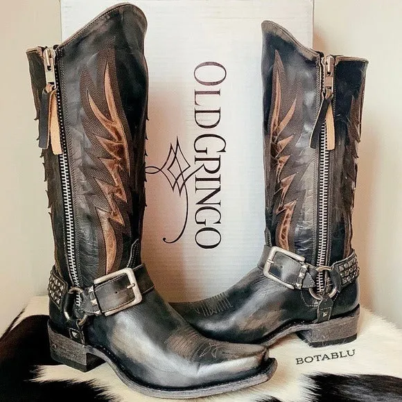 OLD GRINGO Aileen Black Studded Harness Tall Biker Moto Cowgirl Cowboy Boots