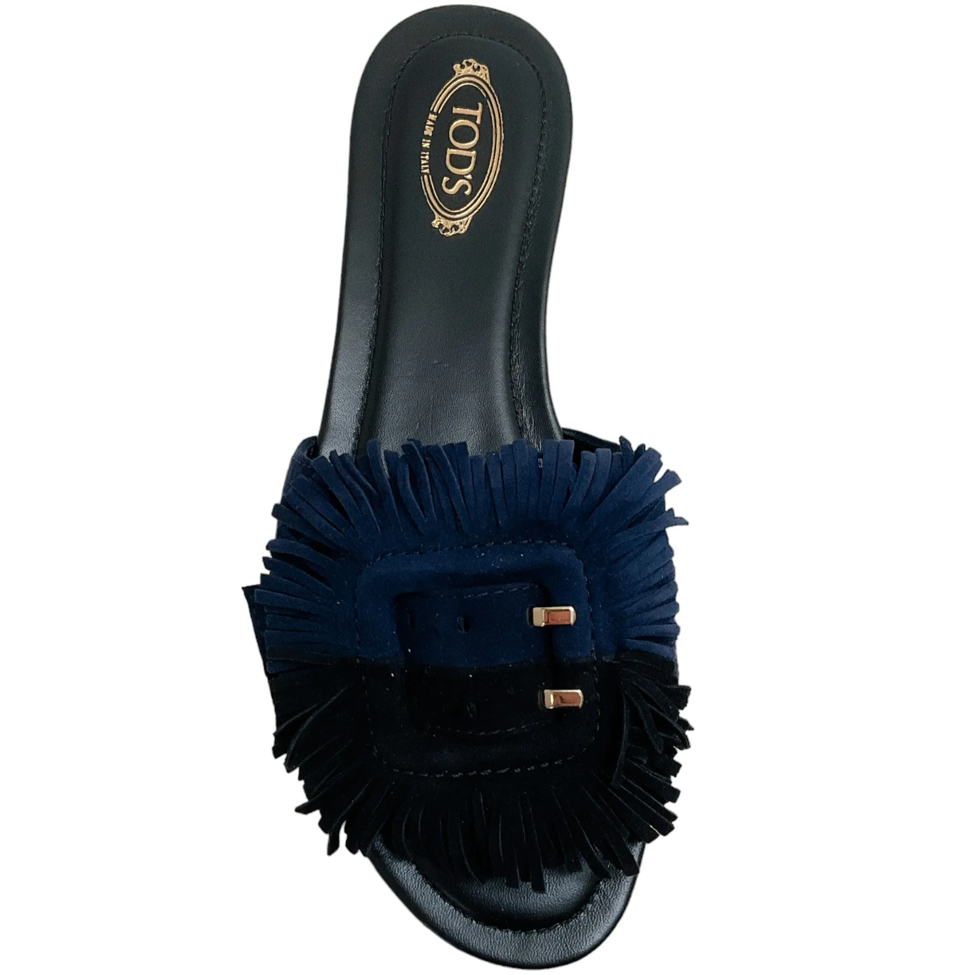 Tod's Black / Navy Blue Suede Fringe Buckle Sandals